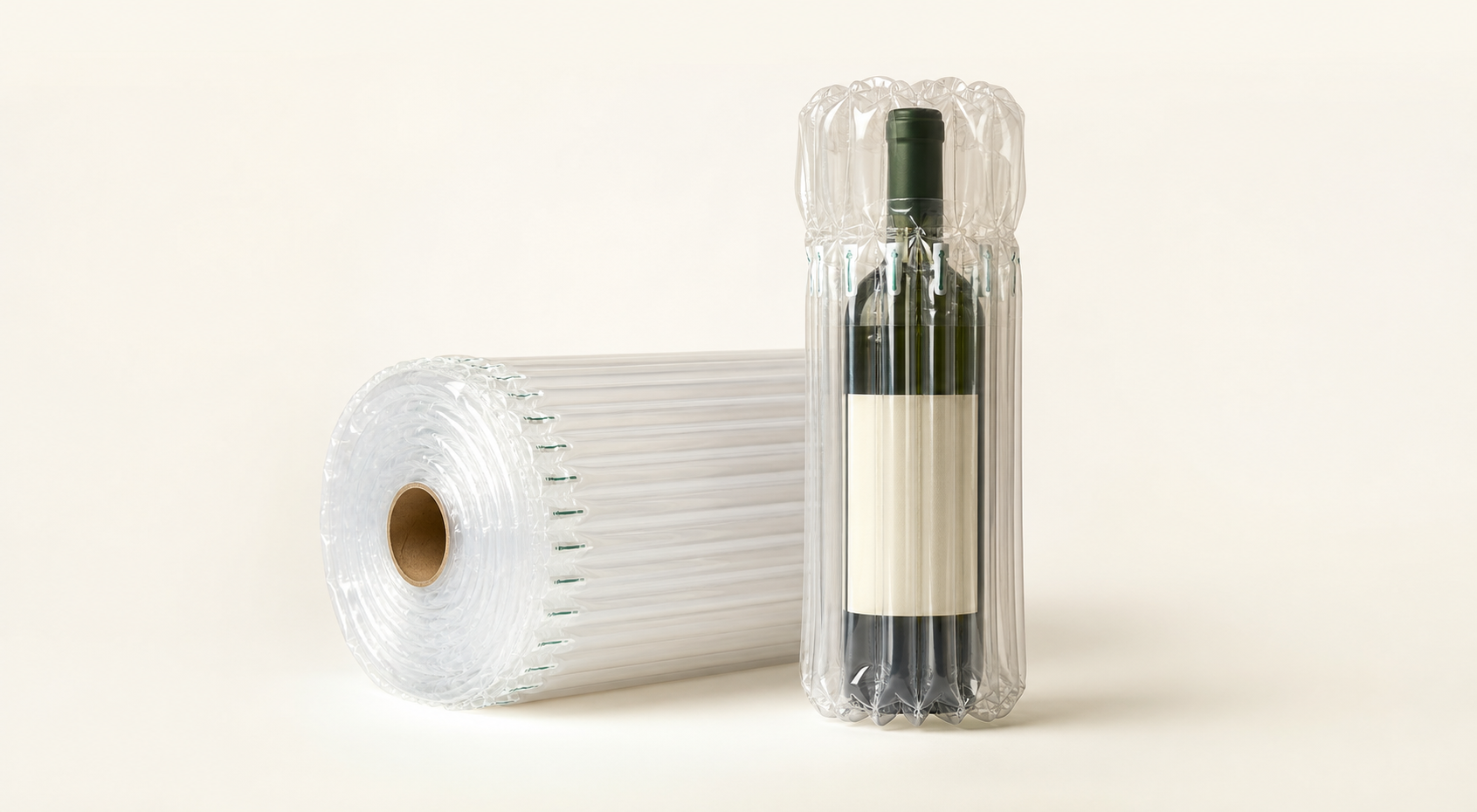 Air column roll beside a wine bottle protected by inflated air columns