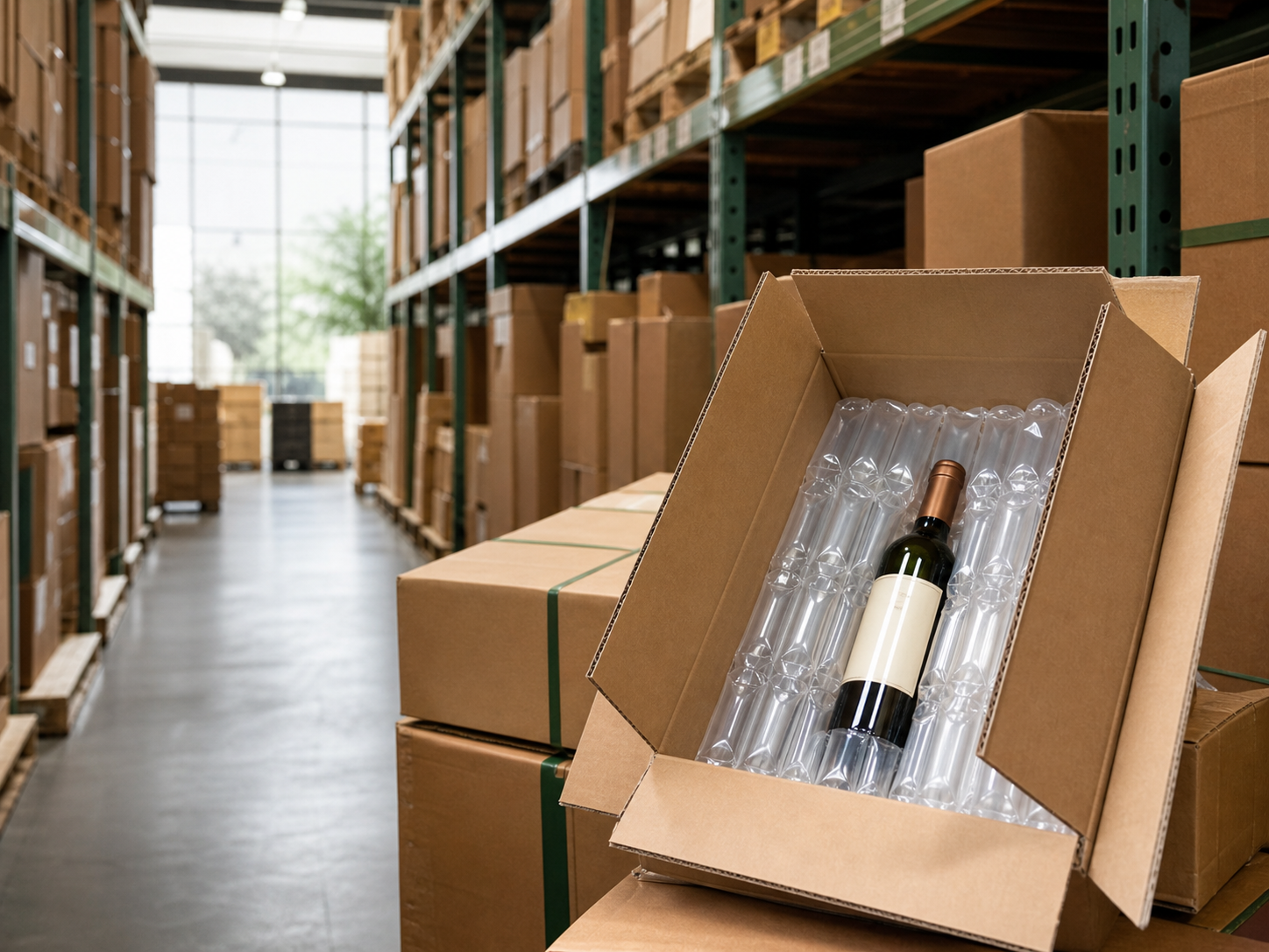 Wine bottle protected by air columns in a warehouse shipping carton